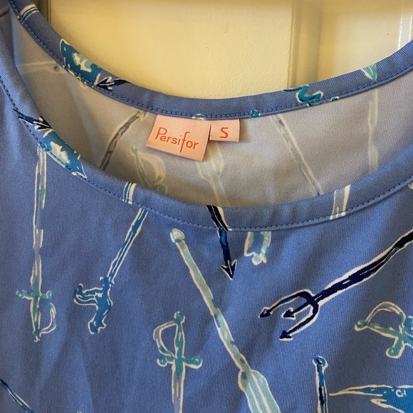 Persifor White and Blue Nautical Fish Print Bodycon Fitting Dress Size Small - Picture 3 of 6